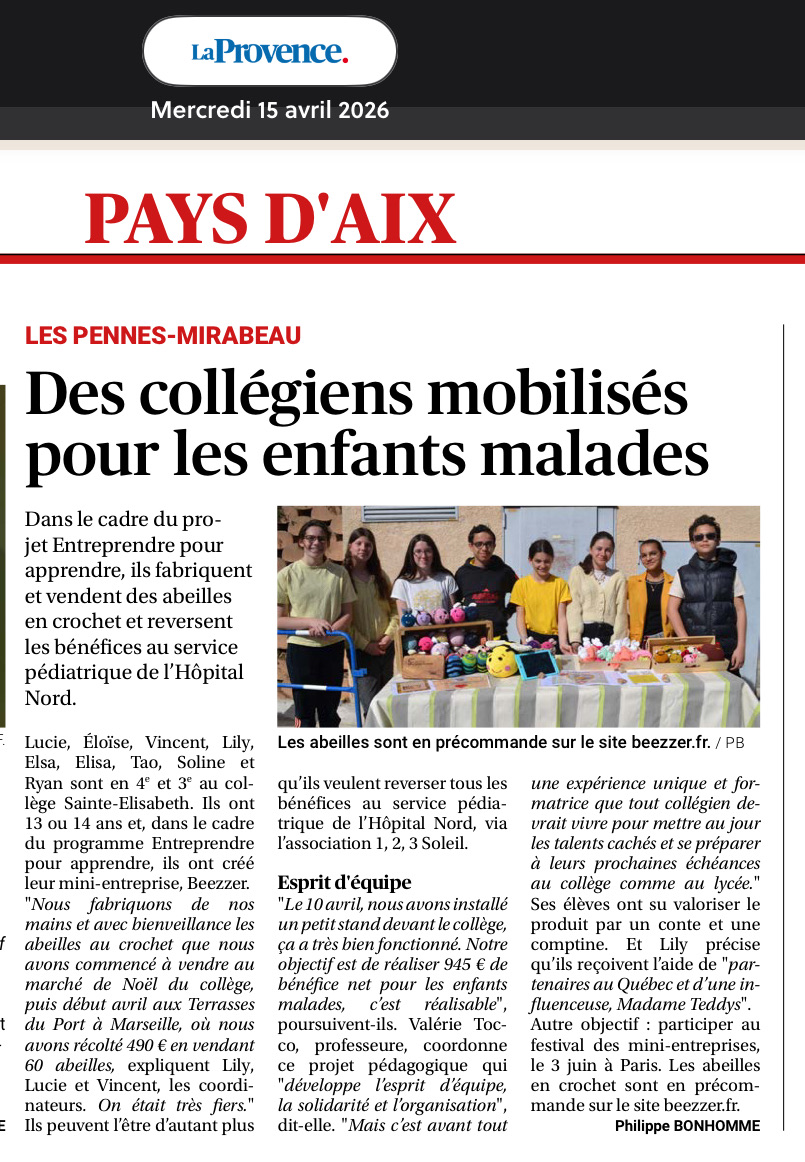 Article La Provence — Des collégiens mobilisés pour les enfants malades